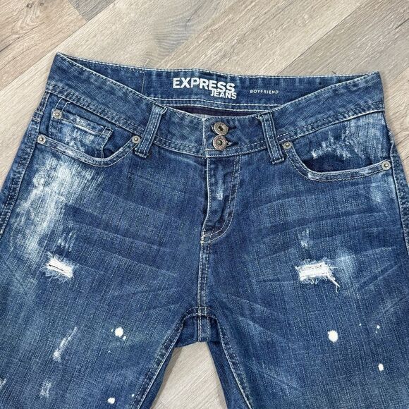 Express Distressed Bleach Splatter Baggy Straight Leg Boyfriend Jeans Blue 2 - Picture 5 of 13